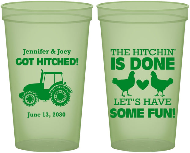 Custom Wedding 22 oz Glow In The Dark Cups - Got Hitched Tractor | 397
