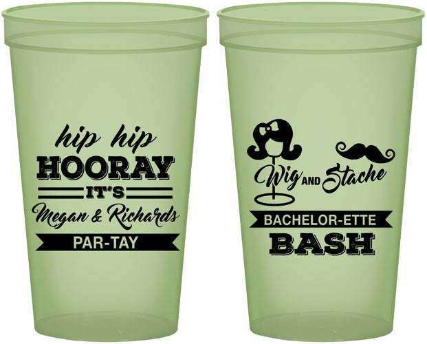 Custom Bachelor Party 22 oz Glow In The Dark Cups - Wig Or Stache | 40058