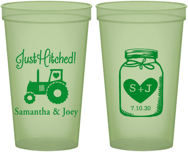 Custom Wedding 22 oz Glow In The Dark Cups - Just Hitched Mason Jar | 483