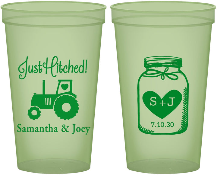 Custom Wedding 22 oz Glow In The Dark Cups - Just Hitched Mason Jar | 483