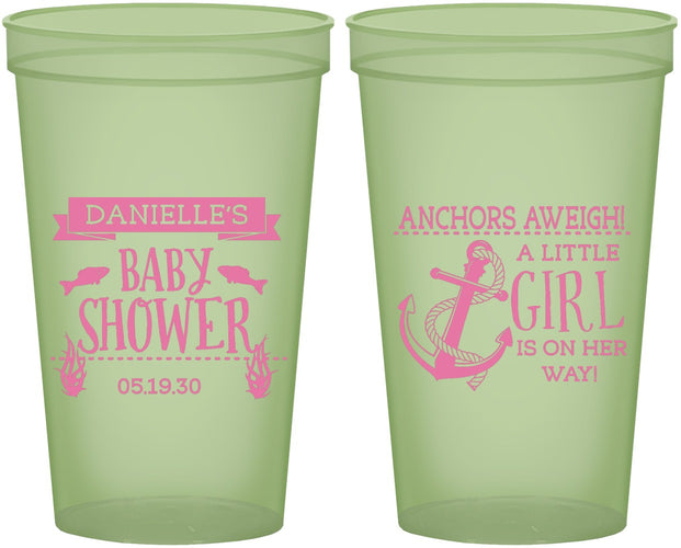 Custom Baby Shower 22 oz Glow In The Dark Cups - Anchors Aweigh Little Girl | 90056
