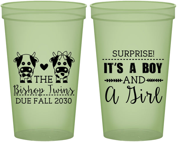 Custom Baby Shower 22 oz Glow In The Dark Cups - Twins Baby Cows | 90067