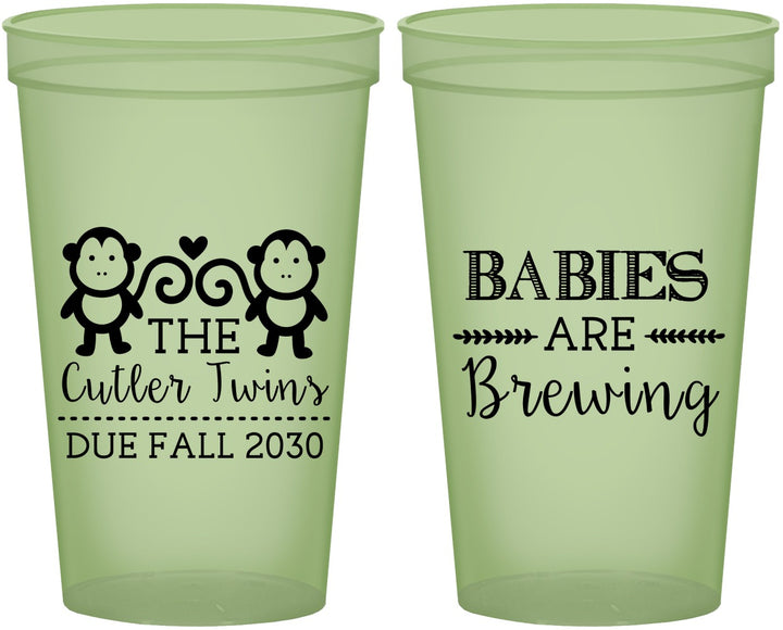 Custom Baby Shower 22 oz Glow In The Dark Cups - Twins Baby Monkeys | 90068