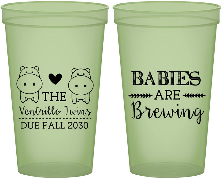 Custom Baby Shower 22 oz Glow In The Dark Cups - Twins Baby Hippos | 90069