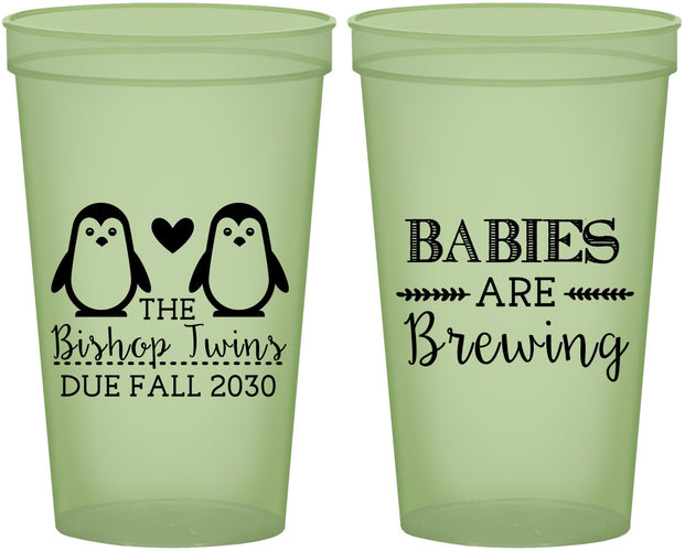 Custom Baby Shower 22 oz Glow In The Dark Cups - Twins Baby Penguins | 90070
