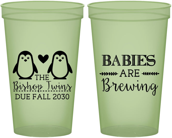 Custom Baby Shower 22 oz Glow In The Dark Cups - Twins Baby Penguins | 90070