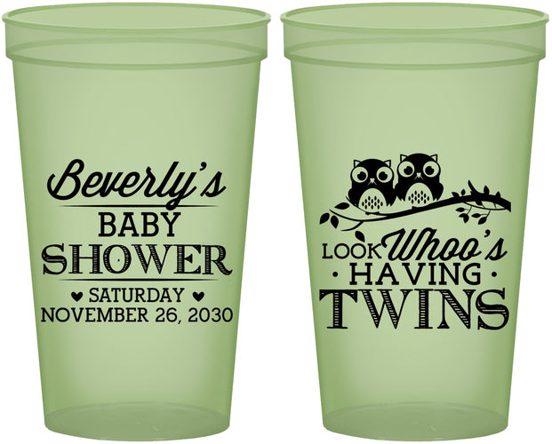 Custom Baby Shower 22 oz Glow In The Dark Cups - Twins Baby Owls | 90074