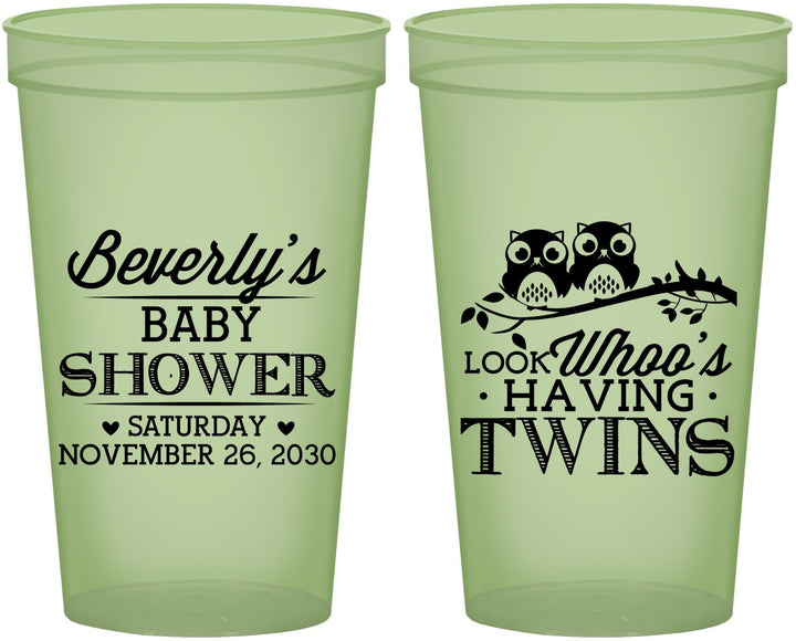 Custom Baby Shower 22 oz Glow In The Dark Cups - Twins Baby Owls | 90074