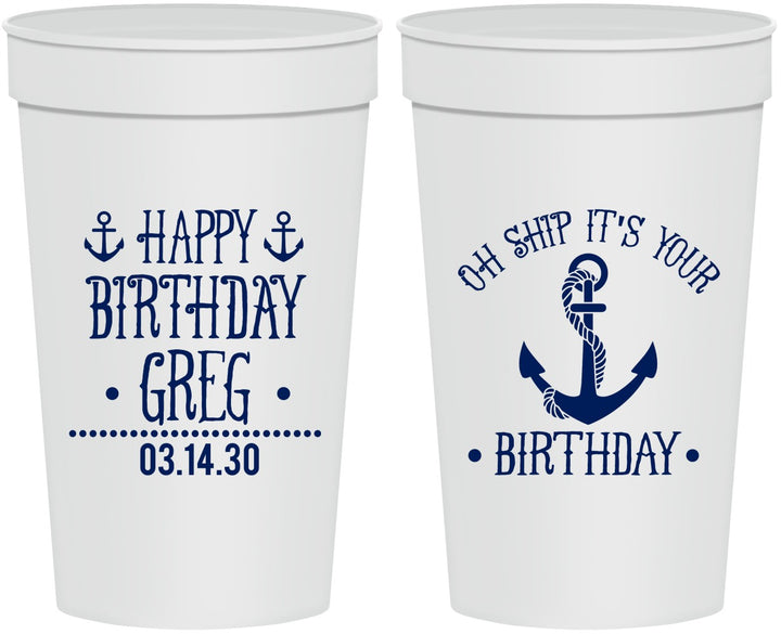 Personalized Birthday 32 oz Stadium Cups - Oh Ship Nautical | 20238