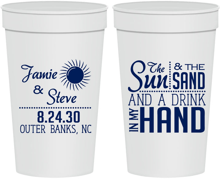 Personalized Wedding 32 oz Stadium Cups - Sun Sand Drink In My Hand | 319