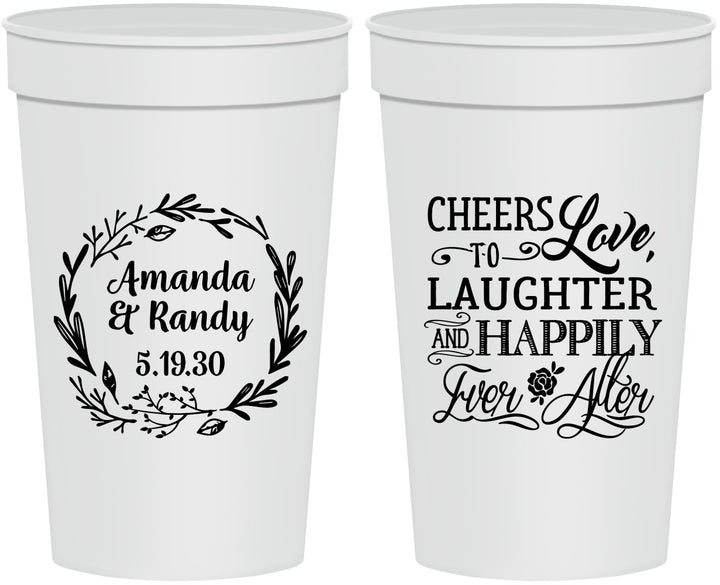 Personalized Wedding 32 oz Stadium Cups - Love Laughter Happily | 326