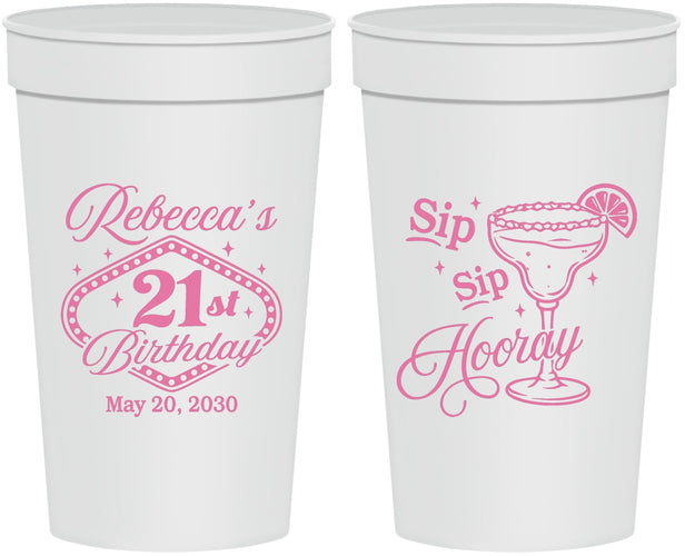 Personalized 21st Birthday 32 oz Stadium Cups - Sip Sip Hooray Vegas | 340006