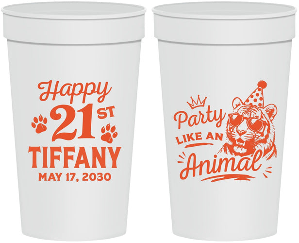 Personalized 21st Birthday 32 oz Stadium Cups - Party Like An Animal Tiger | 340020