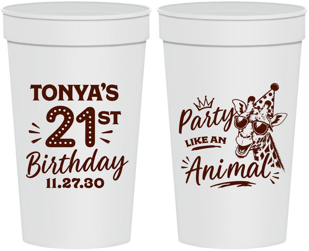 Personalized 21st Birthday 32 oz Stadium Cups - Party Like An Animal Giraffe | 340022