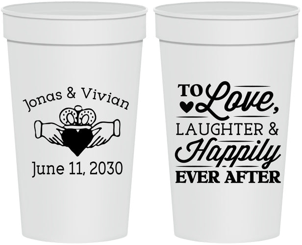 Personalized Wedding 32 oz Stadium Cups - Love Laughter Happily | 346