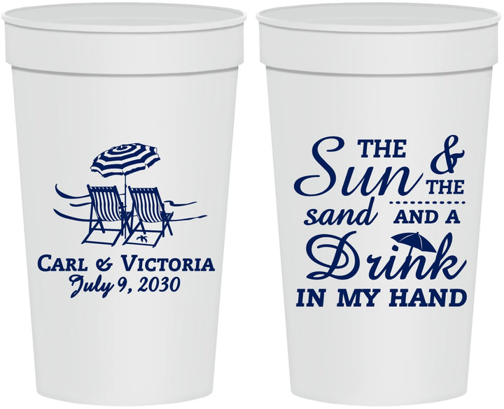 Personalized Wedding 32 oz Stadium Cups - Sun Sand Drink In My Hand | 353