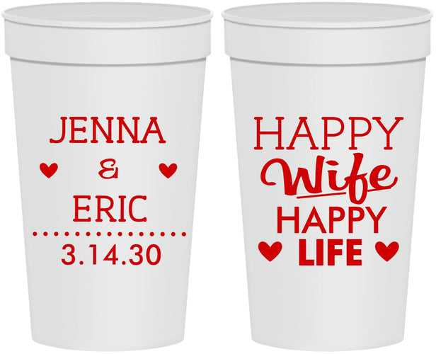 Personalized Wedding 32 oz Stadium Cups - Happy Wife Happy Life | 393