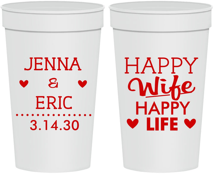 Personalized Wedding 32 oz Stadium Cups - Happy Wife Happy Life | 393