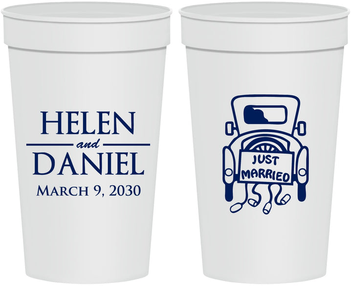 Personalized Wedding 32 oz Stadium Cups - Just Married Old Car | 413