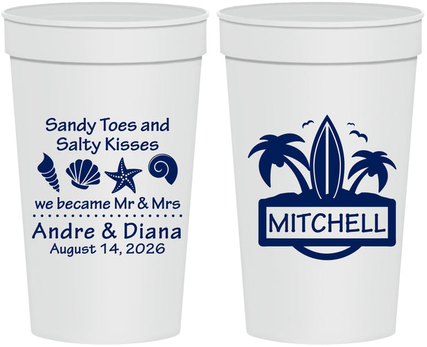 Personalized Wedding 32 oz Stadium Cups - Sandy Toes Salty Kisses | 419