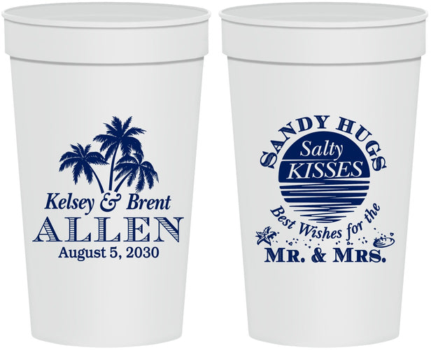 Personalized Wedding 32 oz Stadium Cups - Sandy Hugs Salty Kisses | 425