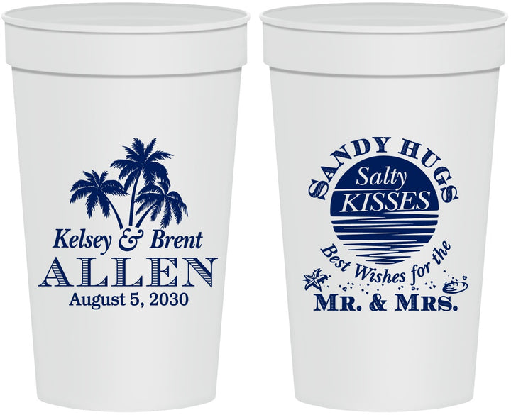 Personalized Wedding 32 oz Stadium Cups - Sandy Hugs Salty Kisses | 425