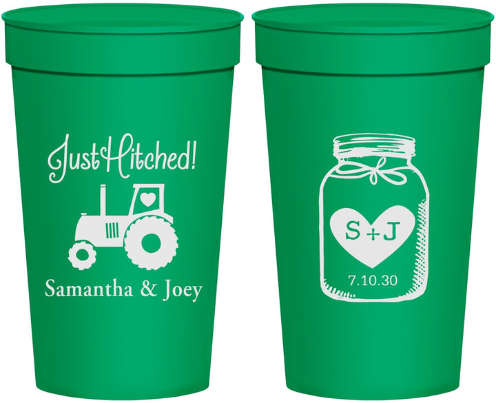 Personalized Wedding 32 oz Stadium Cups - Just Hitched Mason Jar | 483