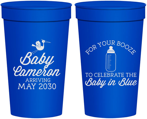 Personalized Baby Shower 32 oz Stadium Cups - Booze Baby In Blue | 90015