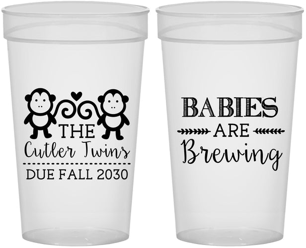 Personalized Baby Shower 32 oz Stadium Cups - Twins Baby Monkeys | 90068