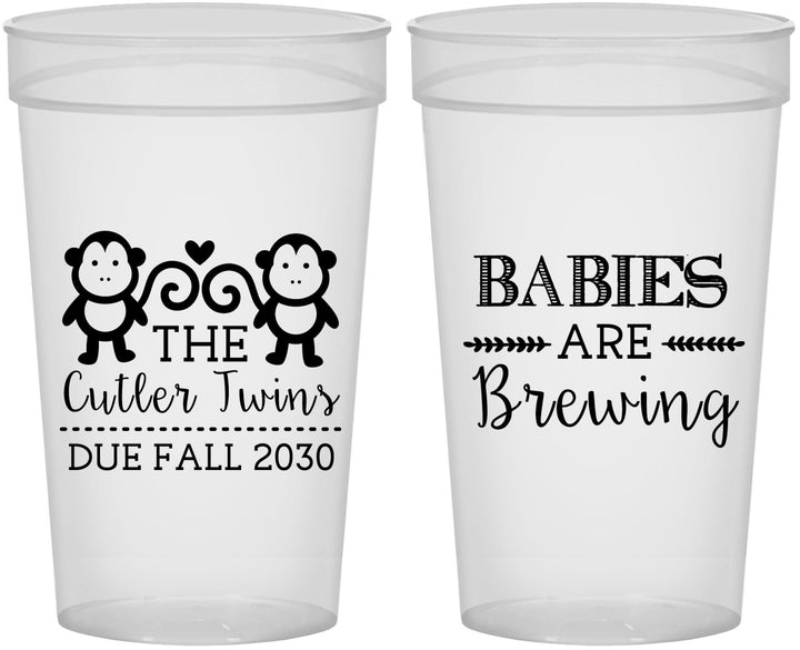 Personalized Baby Shower 32 oz Stadium Cups - Twins Baby Monkeys | 90068