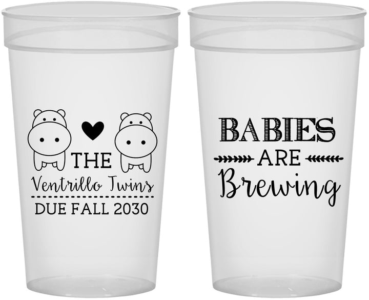 Personalized Baby Shower 32 oz Stadium Cups - Twins Baby Hippos | 90069