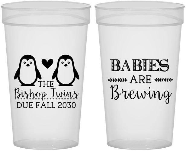 Personalized Baby Shower 32 oz Stadium Cups - Twins Baby Penguins | 90070