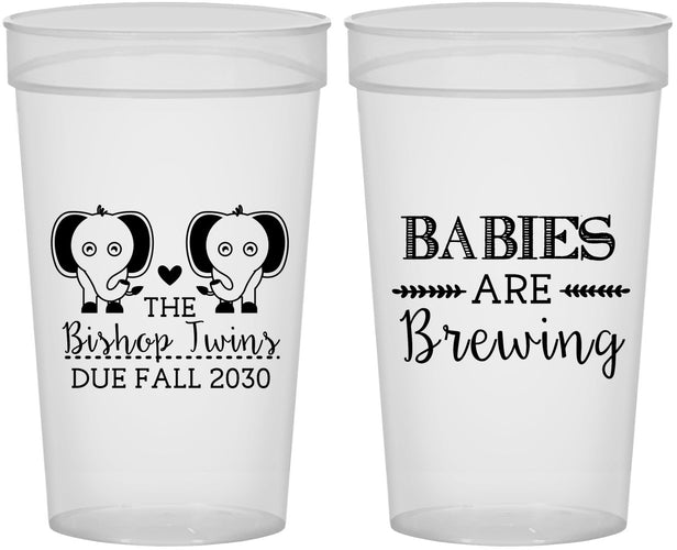 Personalized Baby Shower 32 oz Stadium Cups - Twins Baby Elephant | 90071