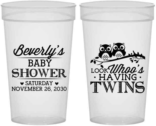 Personalized Baby Shower 32 oz Stadium Cups - Twins Baby Owls | 90074