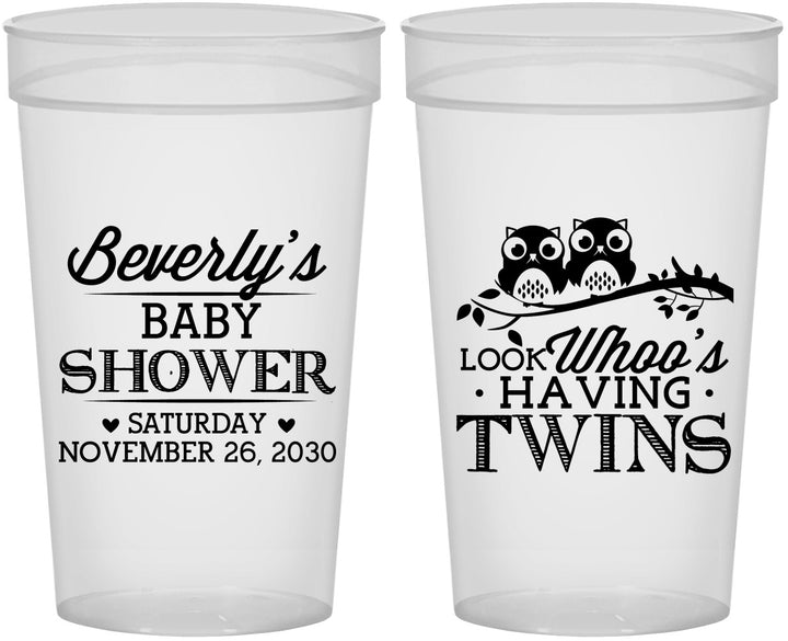 Personalized Baby Shower 32 oz Stadium Cups - Twins Baby Owls | 90074