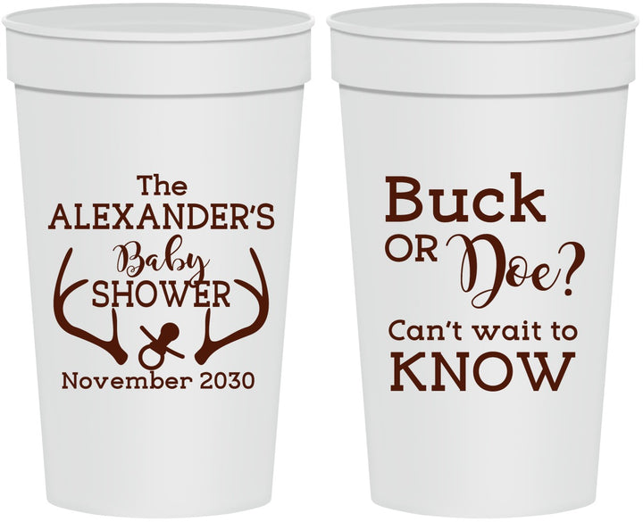 Personalized Baby Shower 32 oz Stadium Cups - Gender Reveal Buck Or Doe | 90131