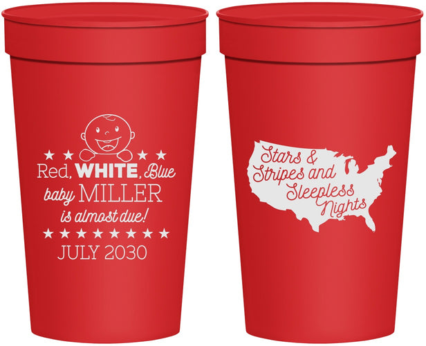 Personalized Baby Shower 32 oz Stadium Cups - Red White Blue | 90197