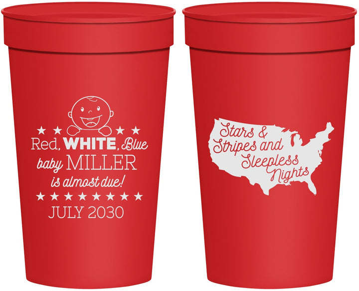 Personalized Baby Shower 32 oz Stadium Cups - Red White Blue | 90197