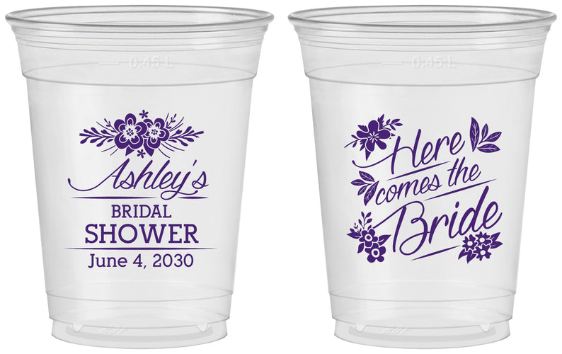 Custom Bridal Shower 16 oz Soft Sided Clear Cups - Here Comes The Bride | 100000
