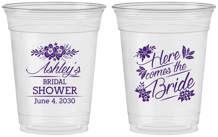 Custom Bridal Shower 16 oz Soft Sided Clear Cups - Here Comes The Bride | 100000