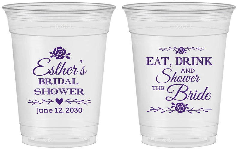 Custom Bridal Shower 16 oz Soft Sided Clear Cups - Eat Drink Shower Bride | 100002