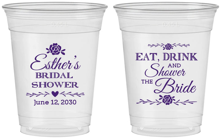 Custom Bridal Shower 16 oz Soft Sided Clear Cups - Eat Drink Shower Bride | 100002