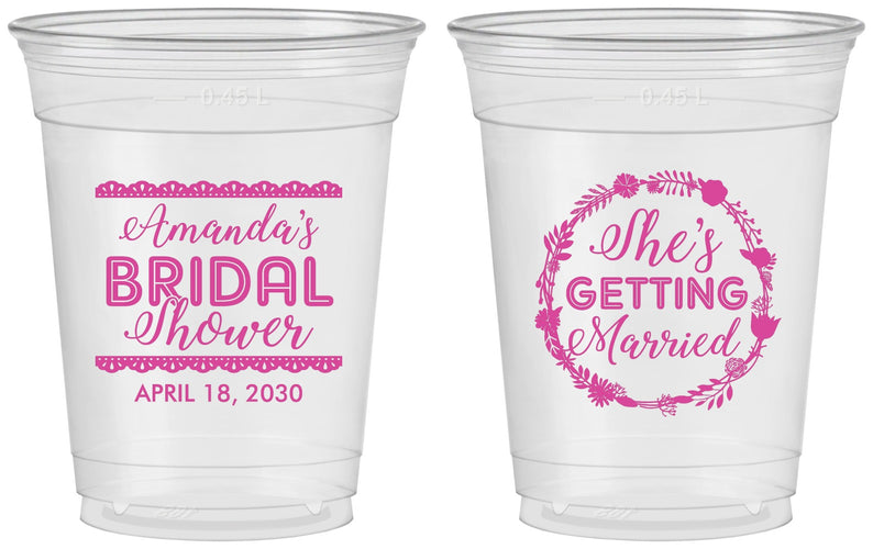 Custom Bridal Shower 16 oz Soft Sided Clear Cups - She's Getting Married | 100003