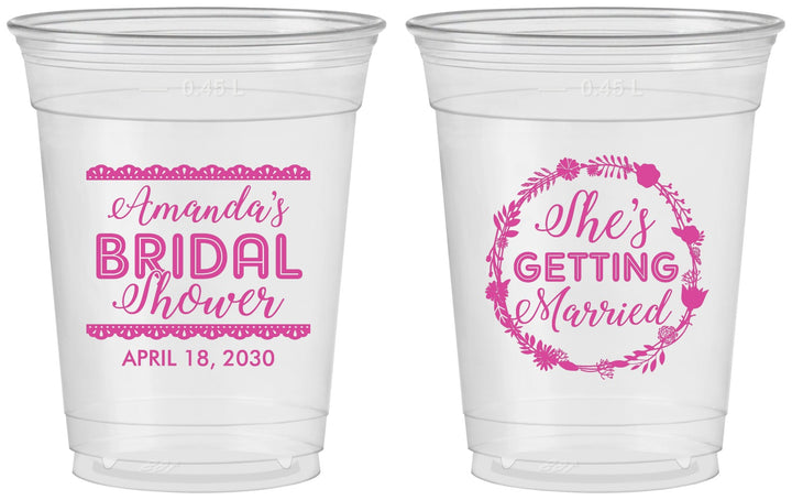 Custom Bridal Shower 16 oz Soft Sided Clear Cups - She's Getting Married | 100003