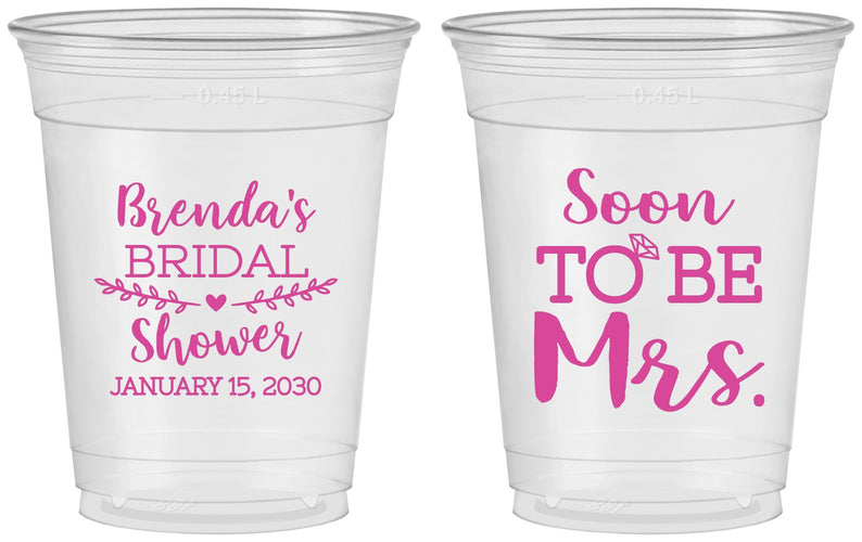 Custom Bridal Shower 16 oz Soft Sided Clear Cups - Soon To Be Mrs | 100013