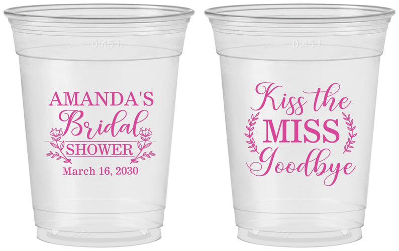 Custom Bridal Shower 16 oz Soft Sided Clear Cups - Kiss The Miss Goodbye | 100017