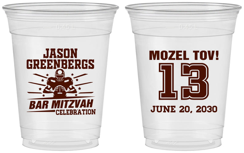Custom Bar Mitzvah 16 oz Soft Sided Clear Cups - 13th Birthday Football | 110002
