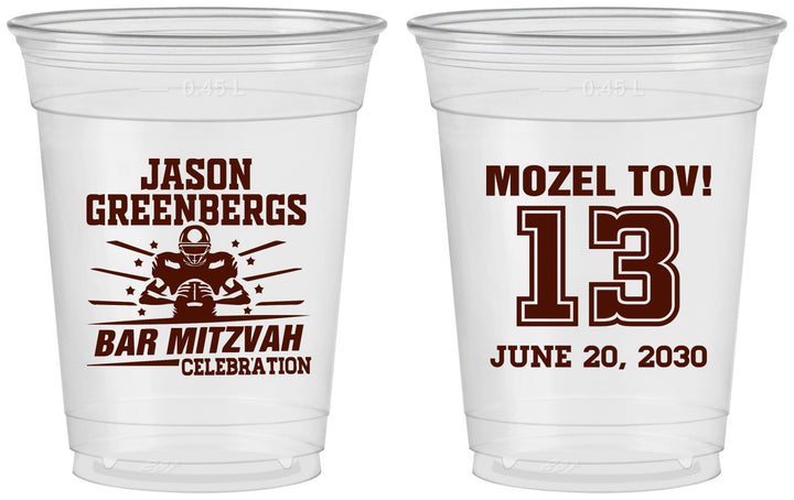 Custom Bar Mitzvah 16 oz Soft Sided Clear Cups - 13th Birthday Football | 110002