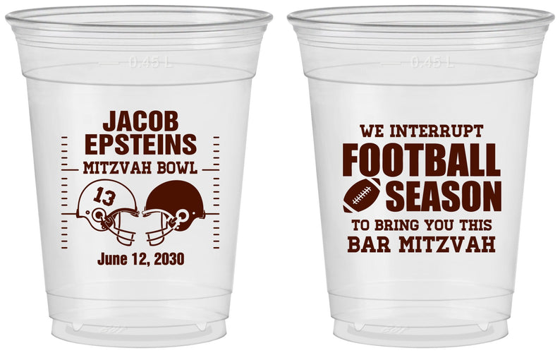 Custom Bar Mitzvah 16 oz Soft Sided Clear Cups - 13th Birthday Football | 110003