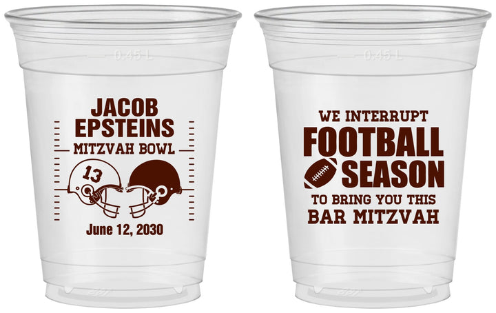 Custom Bar Mitzvah 16 oz Soft Sided Clear Cups - 13th Birthday Football | 110003